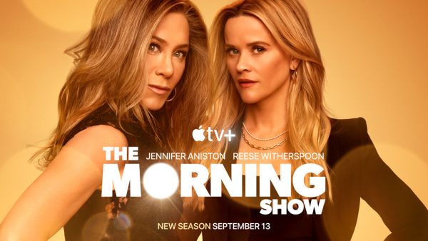 The Morning Show poster featuring Alex Levy (Aniston) and Bradley Jackson (Witherspoon)