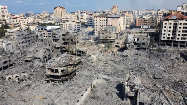 Buildings bombed to ash and rubble in the Israeli-Hamas war.